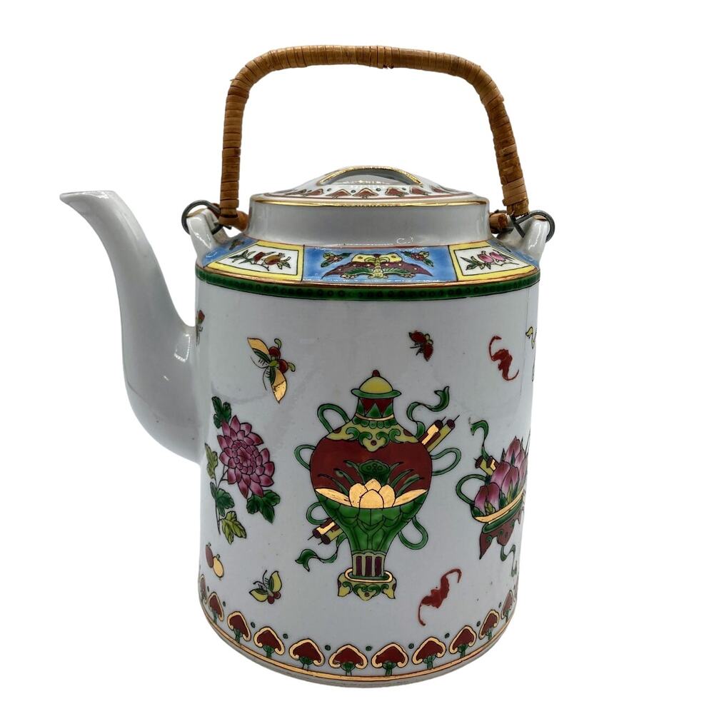 Vintage Chinese White Mun Shou Porcelain Teapot 2 Bamboo Handles